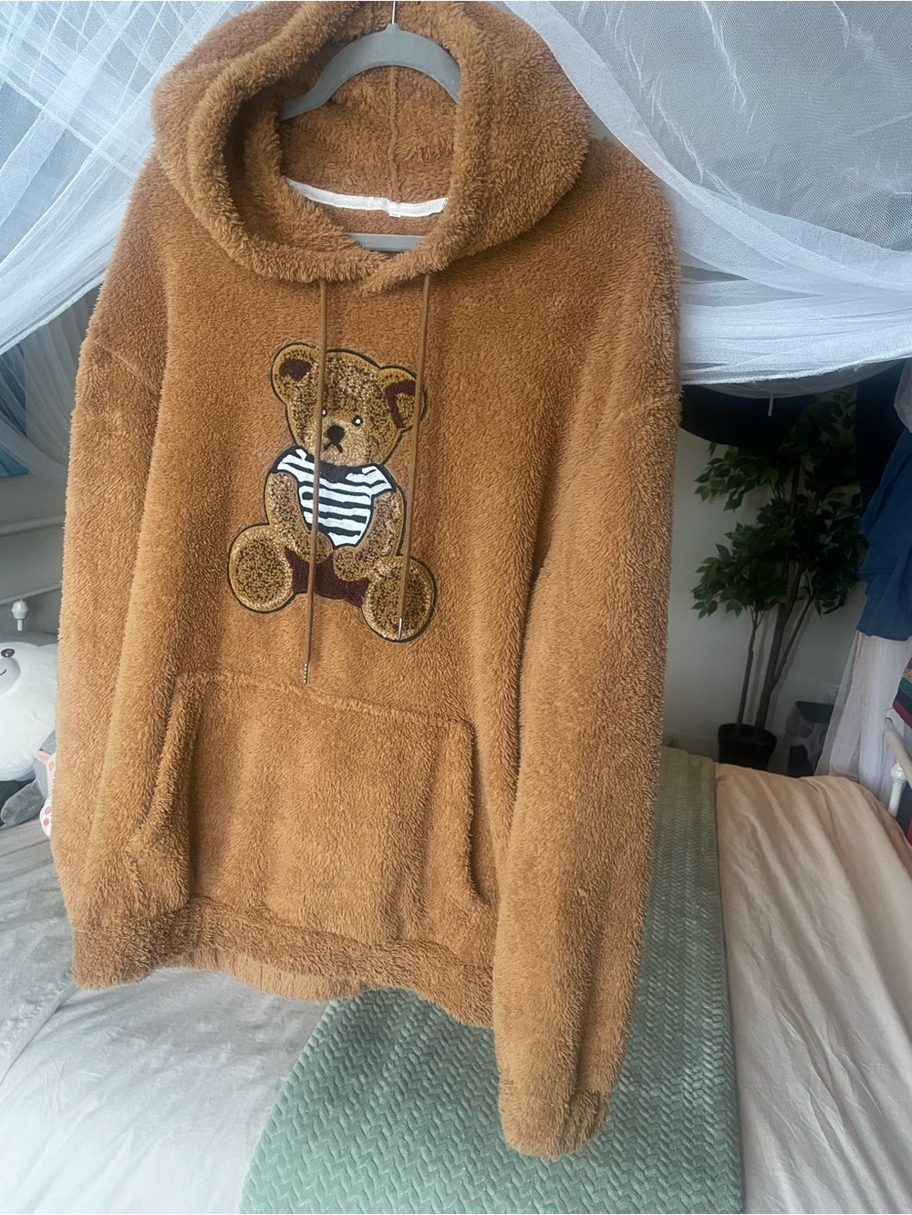 Cozy Teddy Bear Pullover Hoodie - Camel Brown